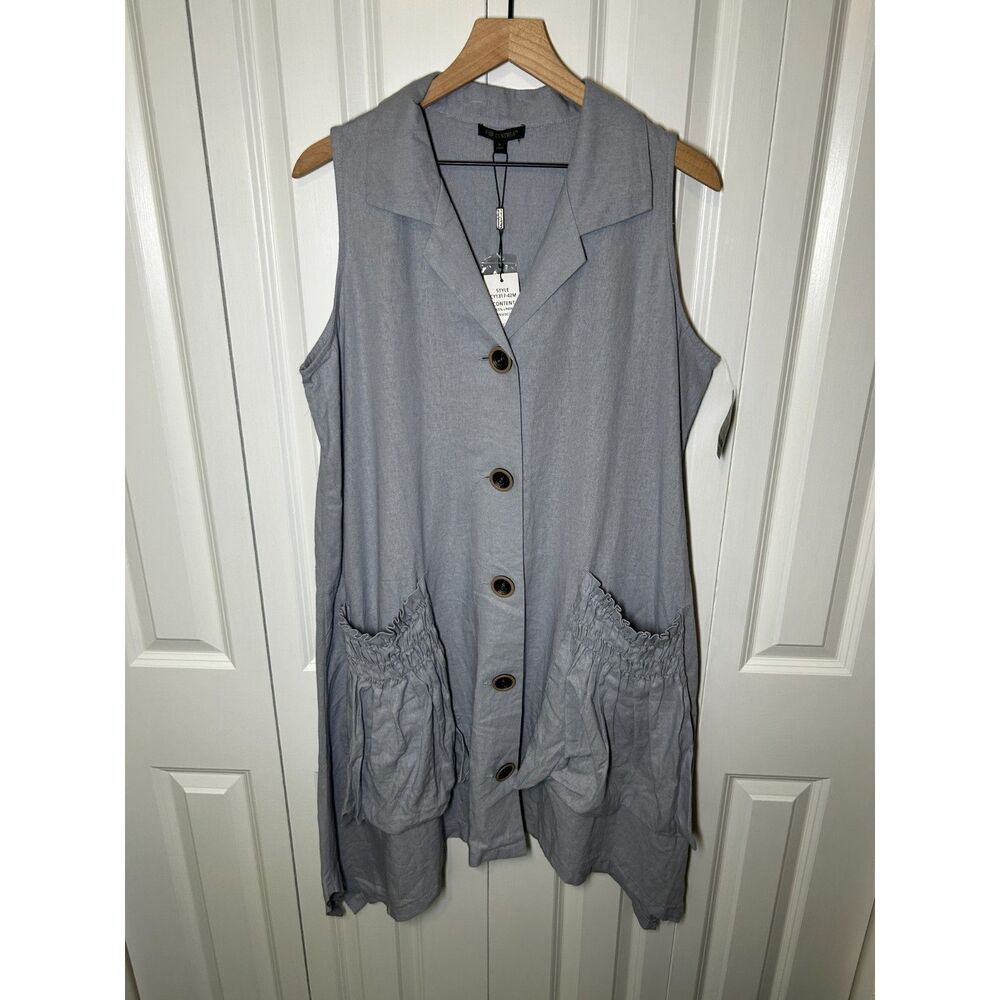 NWT For Cynthia Linen Blend Lagenlook Sleeveless Button Front Dress L